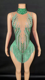 Sparkly Rhinestone, Sequin & Fringe Sleeveless Bodysuit Stage Performance Costume