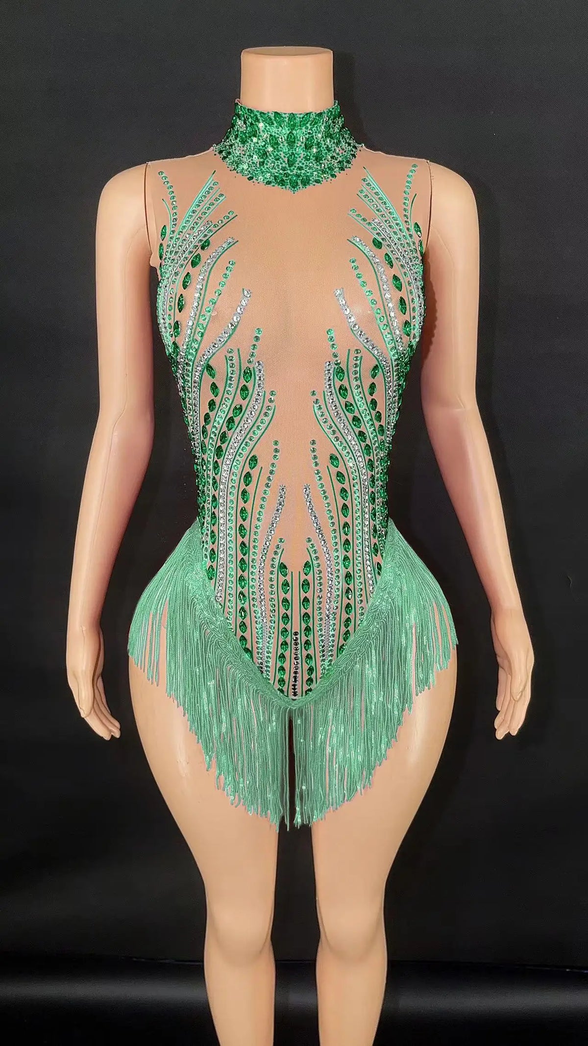 Sparkly Rhinestone, Sequin & Fringe Sleeveless Bodysuit Stage Performance Costume