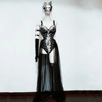 Silver Mirror Sequin Bodysuit & Dramatic Train Skirt Gogo Stage Costume Set