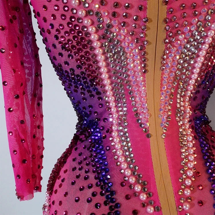 Luxury Pink Rhinestone long sleeve bodysuit Dancer Stage Wear Perform Show Girl Sheer Drag Queen Outfit Bar Nightclub