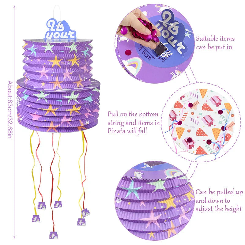Purple Pull String Piñata Small Lantern Foldable Style Candy Smashing Game for Birthday Party Carnival Themed Events Supplies