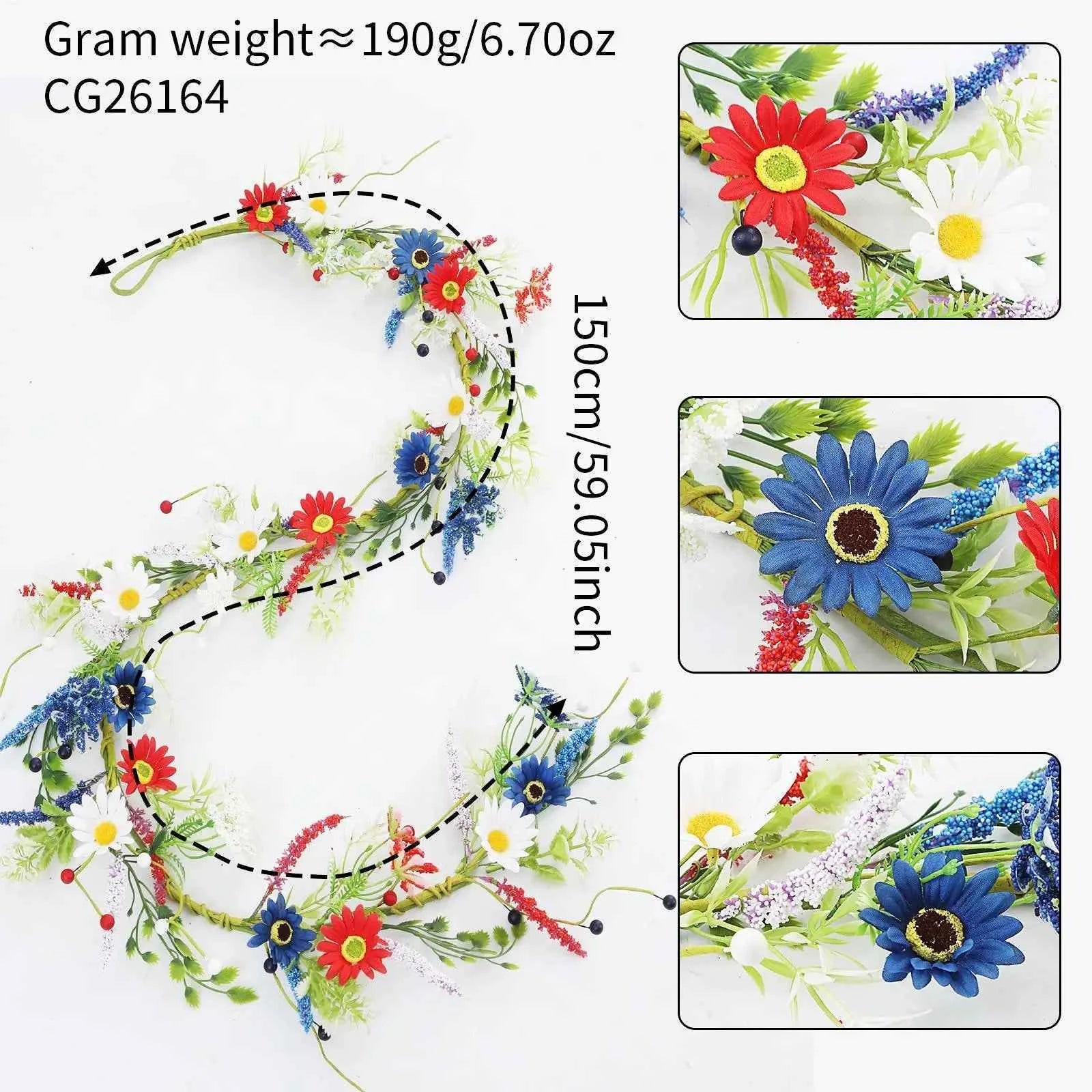 4th July Wreath 4 9Ft Red White Blue Daisy Garland Patriotic Decor for Independence Day Memorial Day Front Door Porch Party