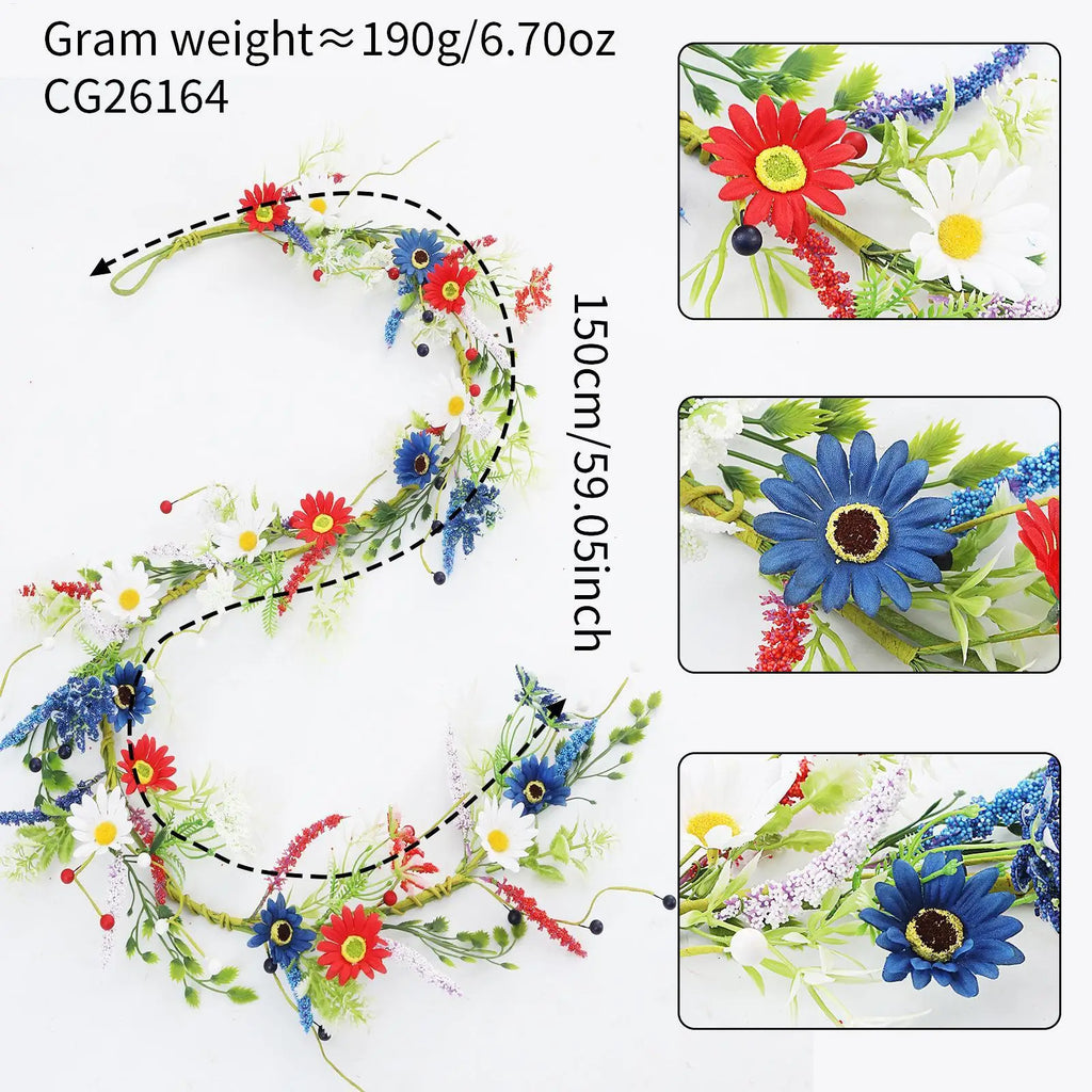 4th July Wreath 4 9Ft Red White Blue Daisy Garland Patriotic Decor for Independence Day Memorial Day Front Door Porch Party