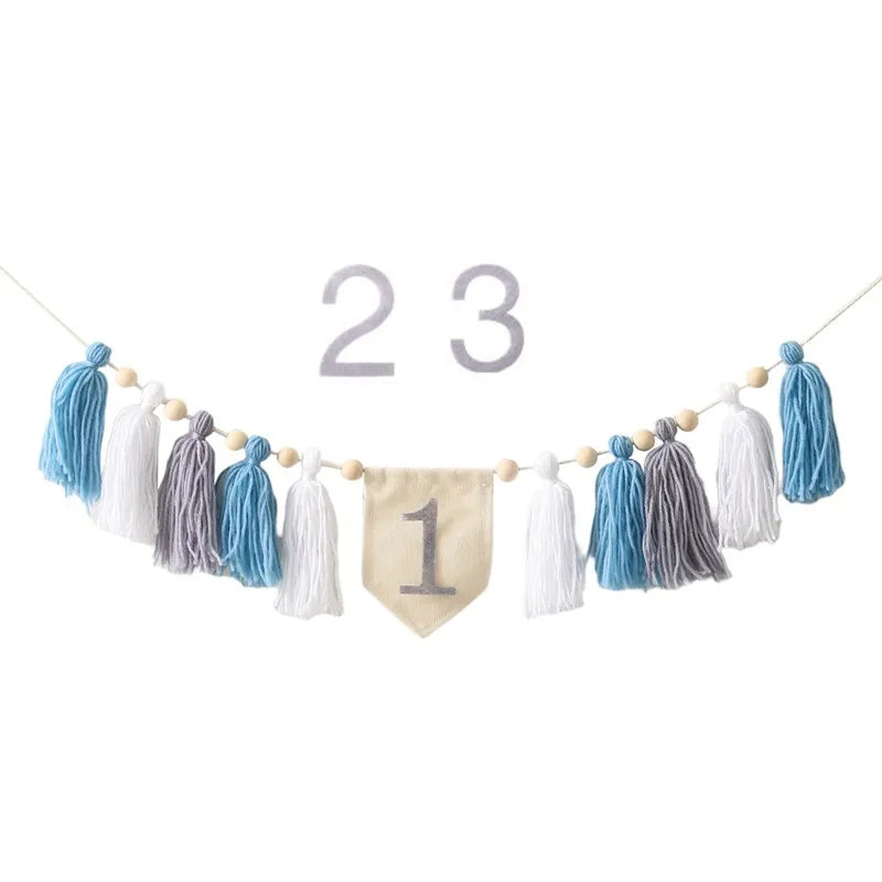 Baby Happy Birthday Party 1-3 Years Old Tassel Banner Newborn Milestone Take Picture Photography Props Party Decoration Supplies
