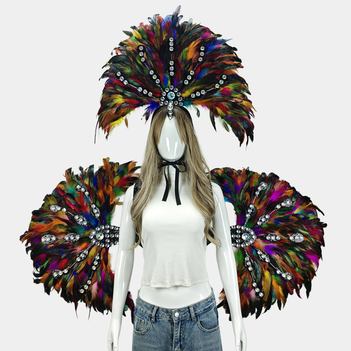 Unisex Artisanal Feather Headdress & Wings Carnival Performance Set