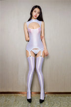 Oil Glossy Sheer Sleeveless Hollow-Out Garter Bodysuit with G-String & Stockings Set