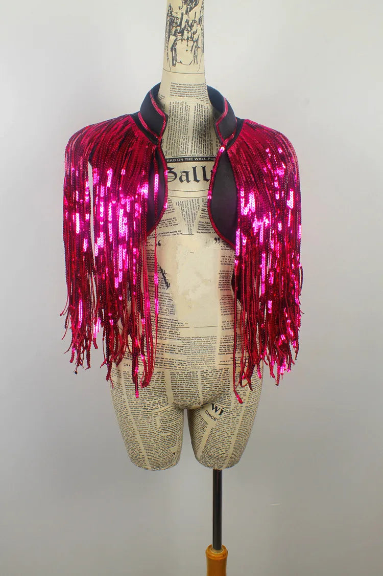 Metallic Sequin Tassel Showgirl Fringe Jacket – Unisex Stage Performance Crop Coat