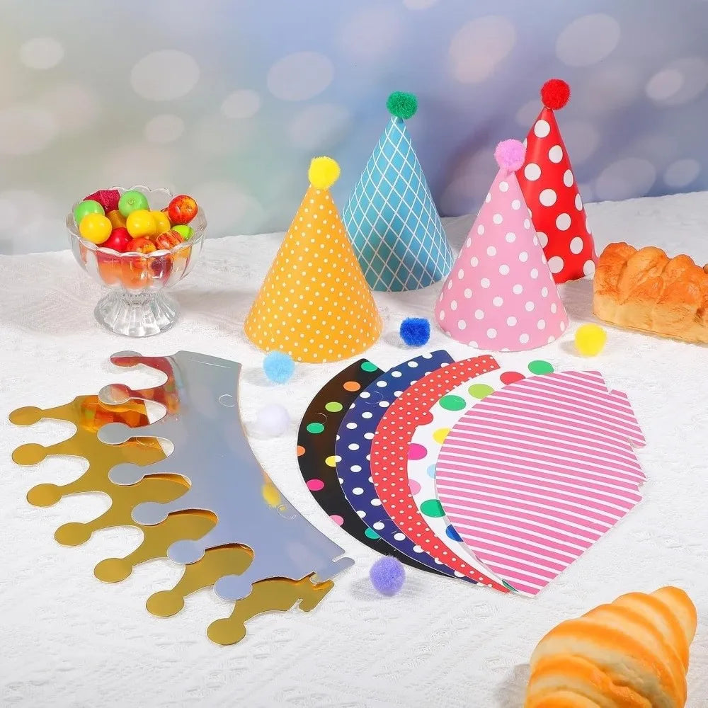 Polka Dot Birthday Party Hats with Pom Poms Paper Party Cone Hats Colorful DIY Handmade Baby Birthday Headband Boy Girl Gifts - Big Tim's Magic Emporium