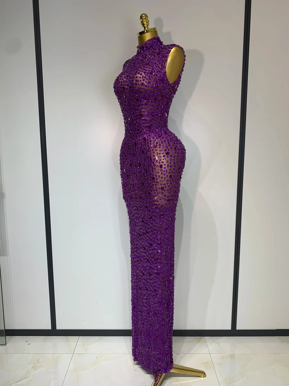 Sparkly Rhinestone Sleeveless Maxi Long Dress See-Through Sheer Mesh Stage Outfit