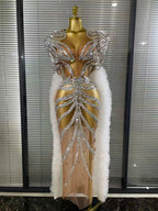 Women Cloak Sleeve Shining Sequins Mesh Ruffles Long Loose Dress Celebrate Performance Costumes Stage Wear