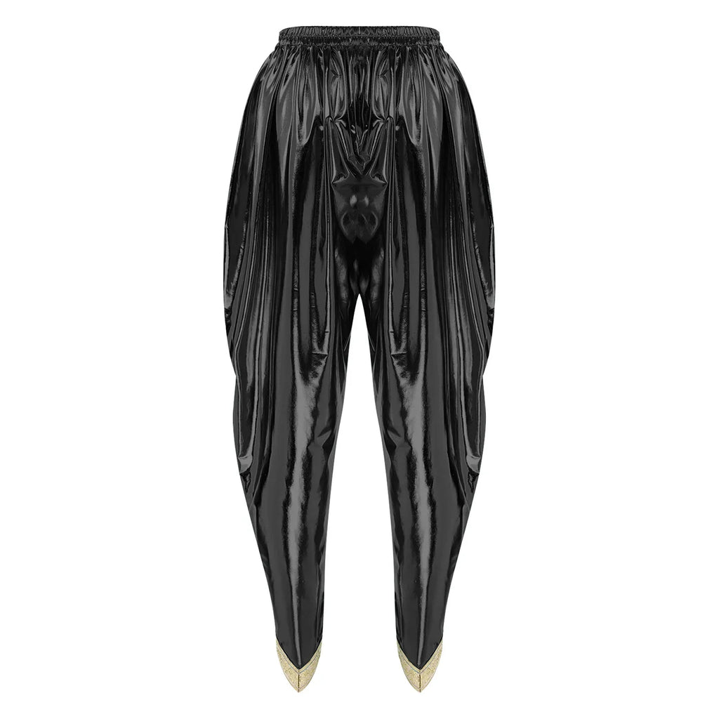 Men's Metallic Shiny Harem Dhoti Pants Gold Brocade Trim Prince Cosplay Costume