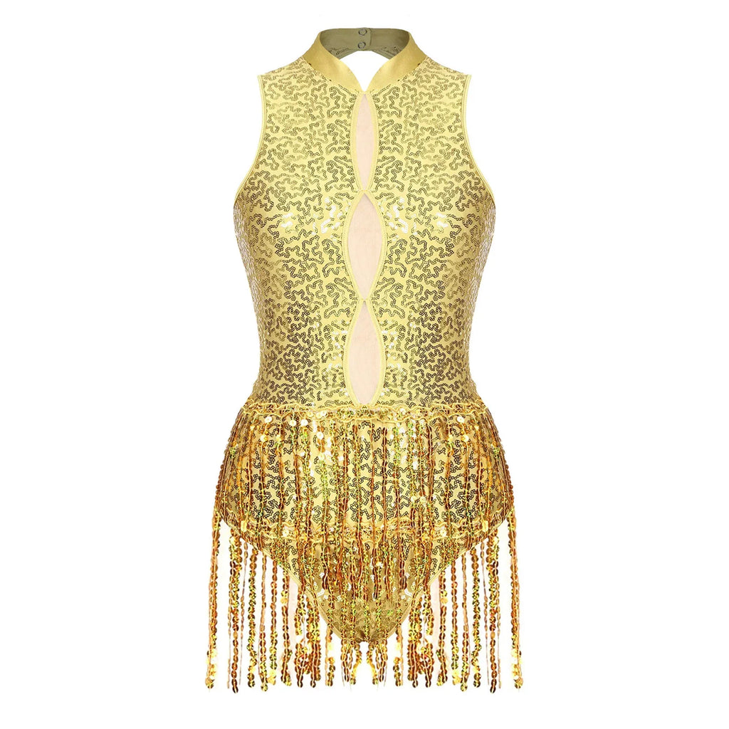 Glitter Sequin Fringe Latin Dance Leotard & Backless Performance Bodysuit