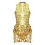 Glitter Sequin Fringe Latin Dance Leotard & Backless Performance Bodysuit