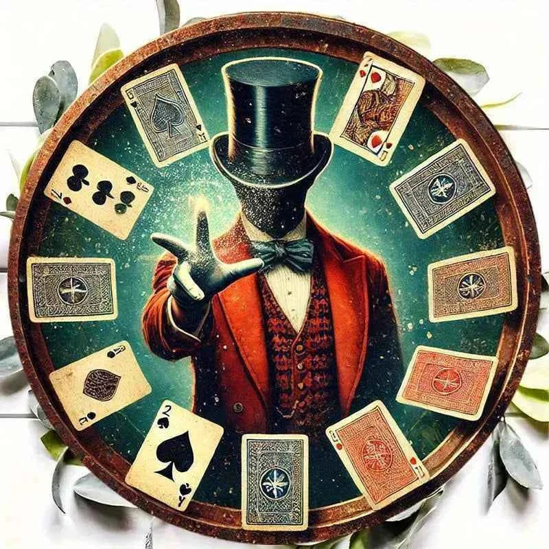2D Flat, 1pc Vintage Magic Show Metal Wall Plaque - 7.8" Round Aluminum Art with Mysterious Wizard & Playing Cards Design, Durab