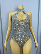 Silver Rhinestone High-Cut Backless Stage Bodysuit Dance Performance Leotard