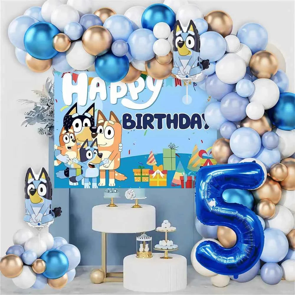 Bluey Birthday Party Decorations Balloon Garland Kit with Bluey Foil Balloons & Happy Birthday Backdrop for Kids Party Supplies