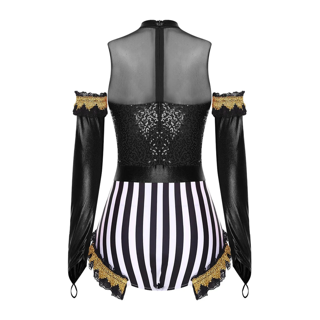 Circus Ringmaster Sequin Striped Bodysuit & Metallic Gloves 2-Piece Stage Costume Set