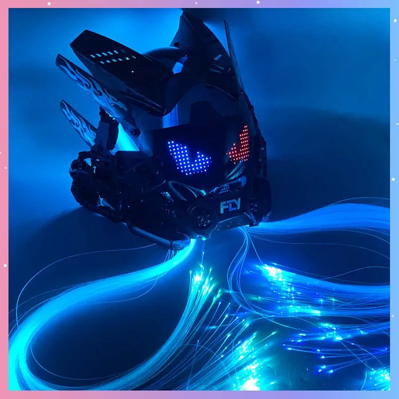 Cyber Punk Mask Mech Warrior Cosplay Helmet With LED Color Screen With Light Up Braids Cosplay Helmet Halloween Party Props Gift