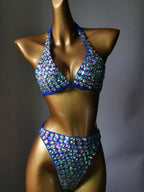 Nightclub Bar Sexy Disco Pole Dance Crystal Bikini Costume DJ Dancer Club Party Rave Outfit Pink Rhinestones Bra Set Stage Wear