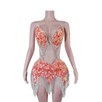 Sequin Beaded Tassels Mini Dress Crystals Mesh Bodycon Stage Performance Outfit