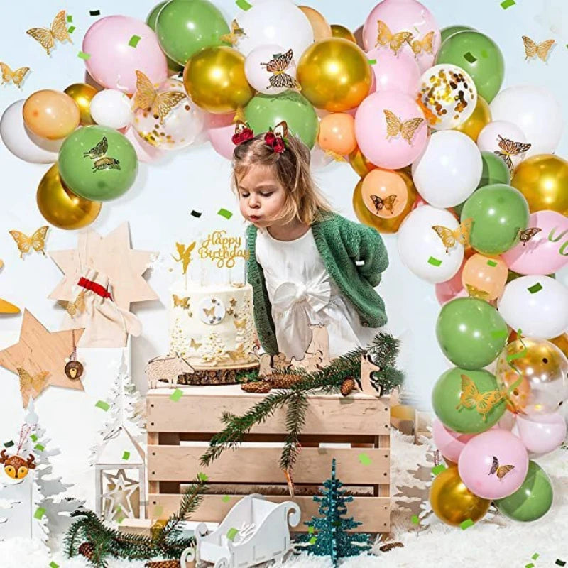 129Pcs A set of fairy tale themed birthday party balloon decoration set with 3D three-dimensional golden butterfly stickers