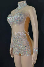 Luxurious AB Crystal Rhinestone Stage Dance Costume Illusion Romper