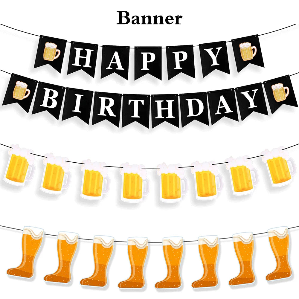 Beer Theme Happy Birthday Banner Adult Mens Party Decorations Cheers Paper Garland Oktoberfest Bunting Bar Pub Event Decor Setup