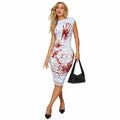 Blood Splatter Rhinestone Ruched Midi Dress Sleeveless Halloween Stage Costume