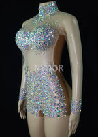 Luxurious AB Crystal Rhinestone Stage Dance Costume Illusion Romper