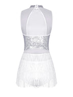 Women Sequins Diamond Latin Jazz Dance Costume Sleeveless Cutout Back Flowy Tassel Dress Leotard Tango Cha-Cha Samba Dancewear