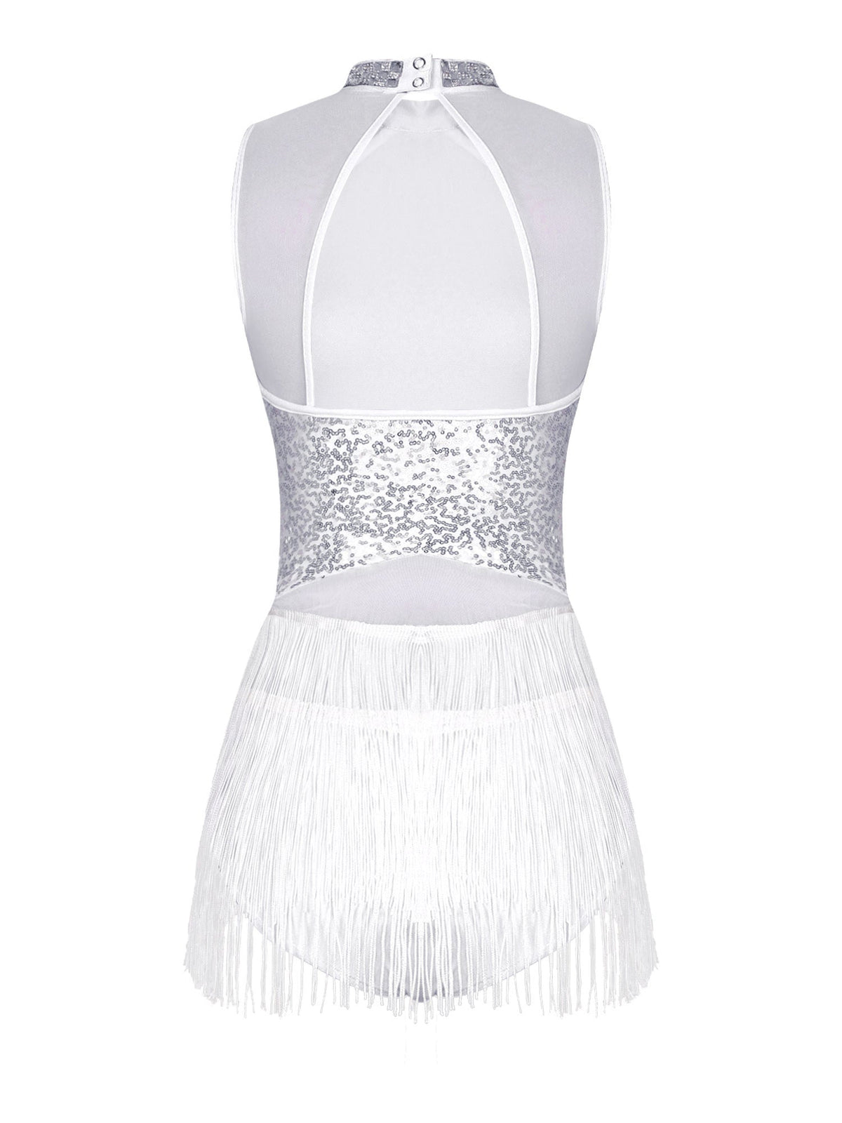 Women Sequins Diamond Latin Jazz Dance Costume Sleeveless Cutout Back Flowy Tassel Dress Leotard Tango Cha-Cha Samba Dancewear