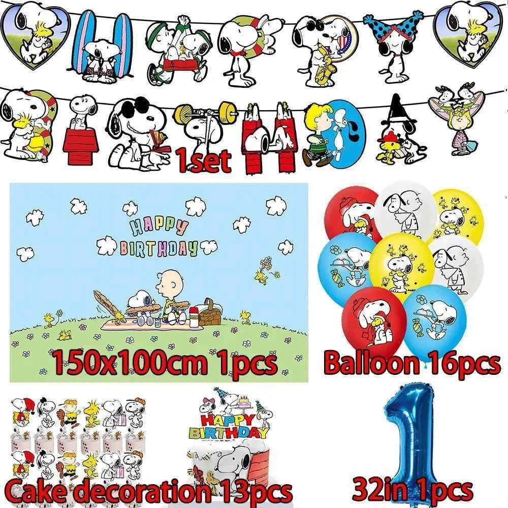 Cartoon Snoopys Birthday Decoration Set Banners Cake Toppers Balloons Backdrops Kids Birthday Gifts Baby Shower Party Supplies