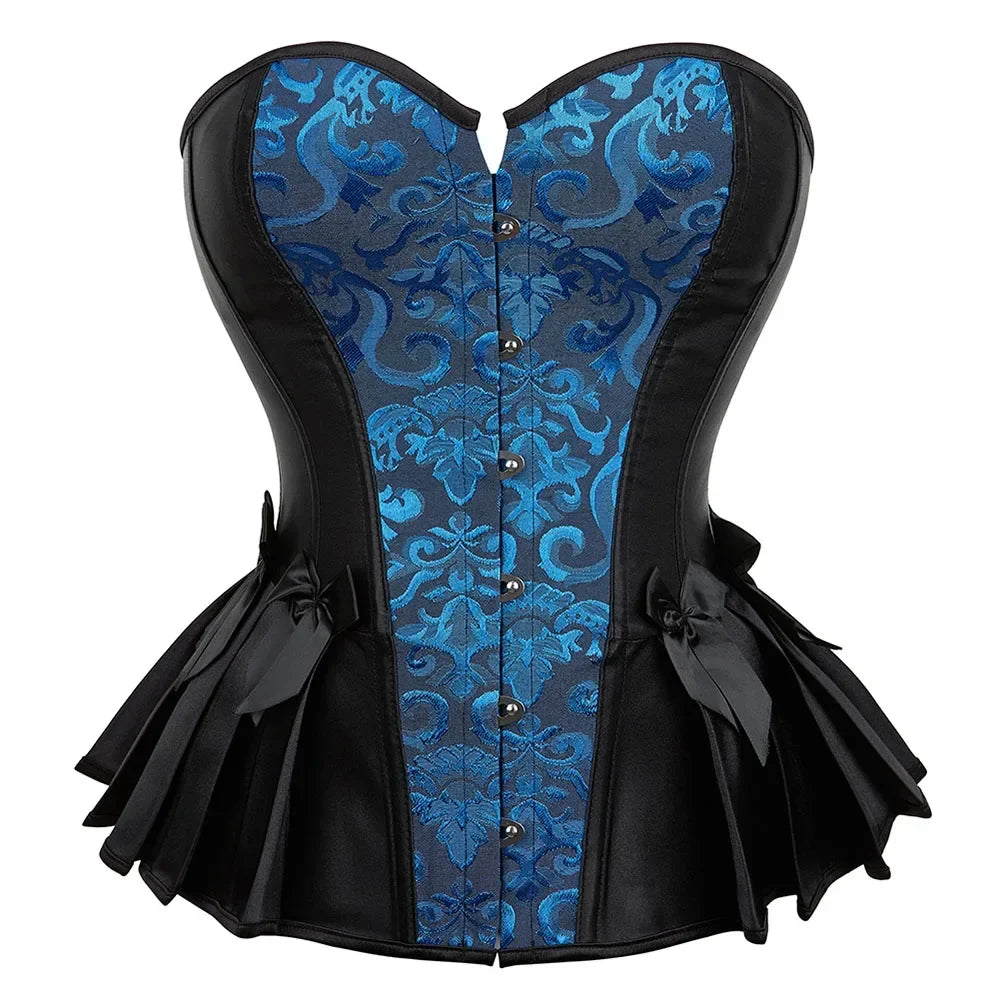 Vintage Gothic Floral Overbust Corset Top Lace Trim Boned Bustier
