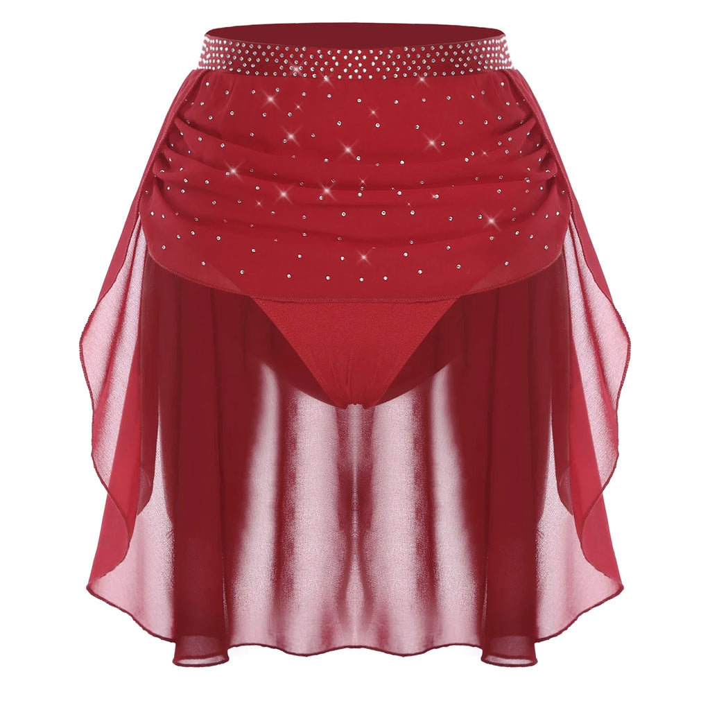 Womens Modern Lyrical Dance Skirt Performance Costume Sparkly Rhinestone Irregular Chiffon Hem Built-in Briefs Skirt Dancewear