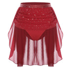 Womens Modern Lyrical Dance Skirt Performance Costume Sparkly Rhinestone Irregular Chiffon Hem Built-in Briefs Skirt Dancewear