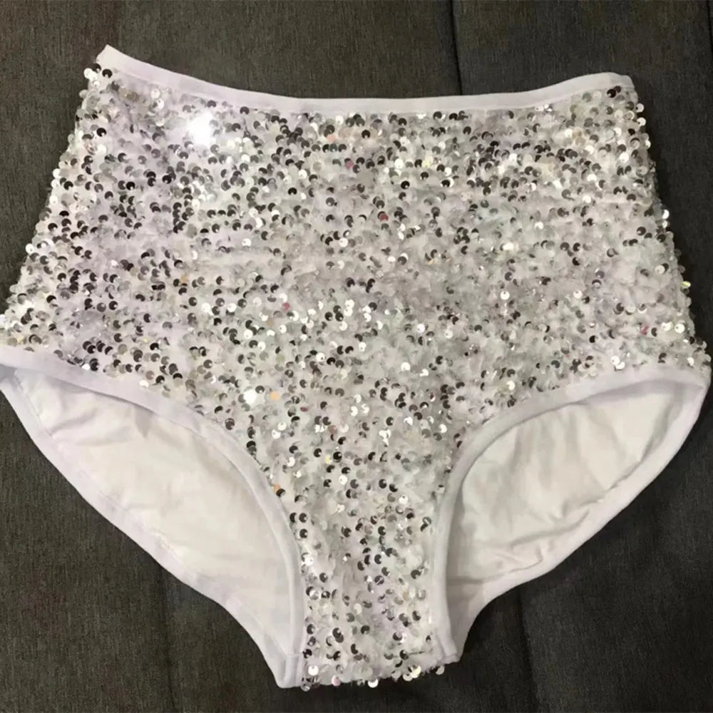 High-Waist Sequined Disco Briefs & Stage Performance Hot Pants