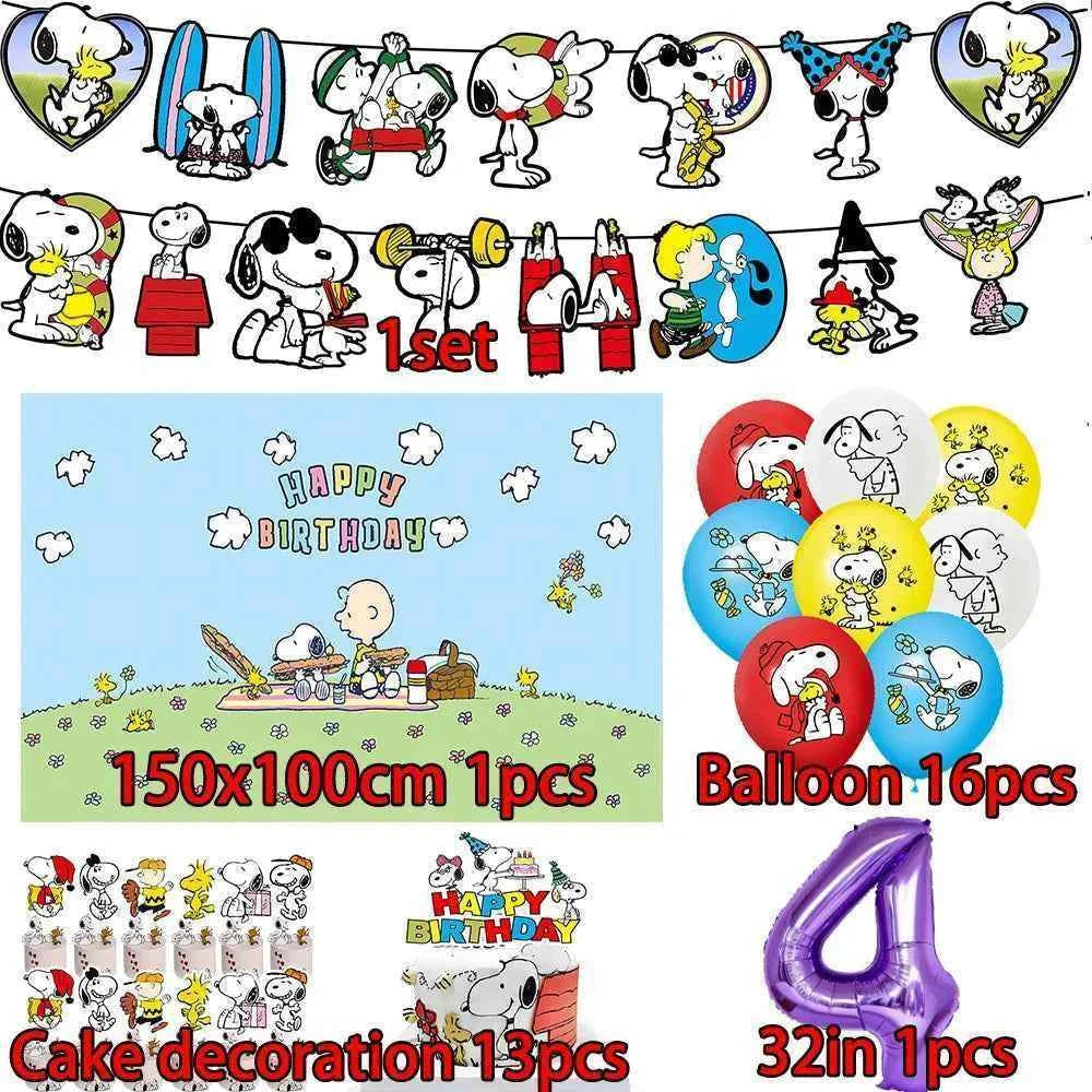 Cartoon Snoopys Birthday Decoration Set Banners Cake Toppers Balloons Backdrops Kids Birthday Gifts Baby Shower Party Supplies