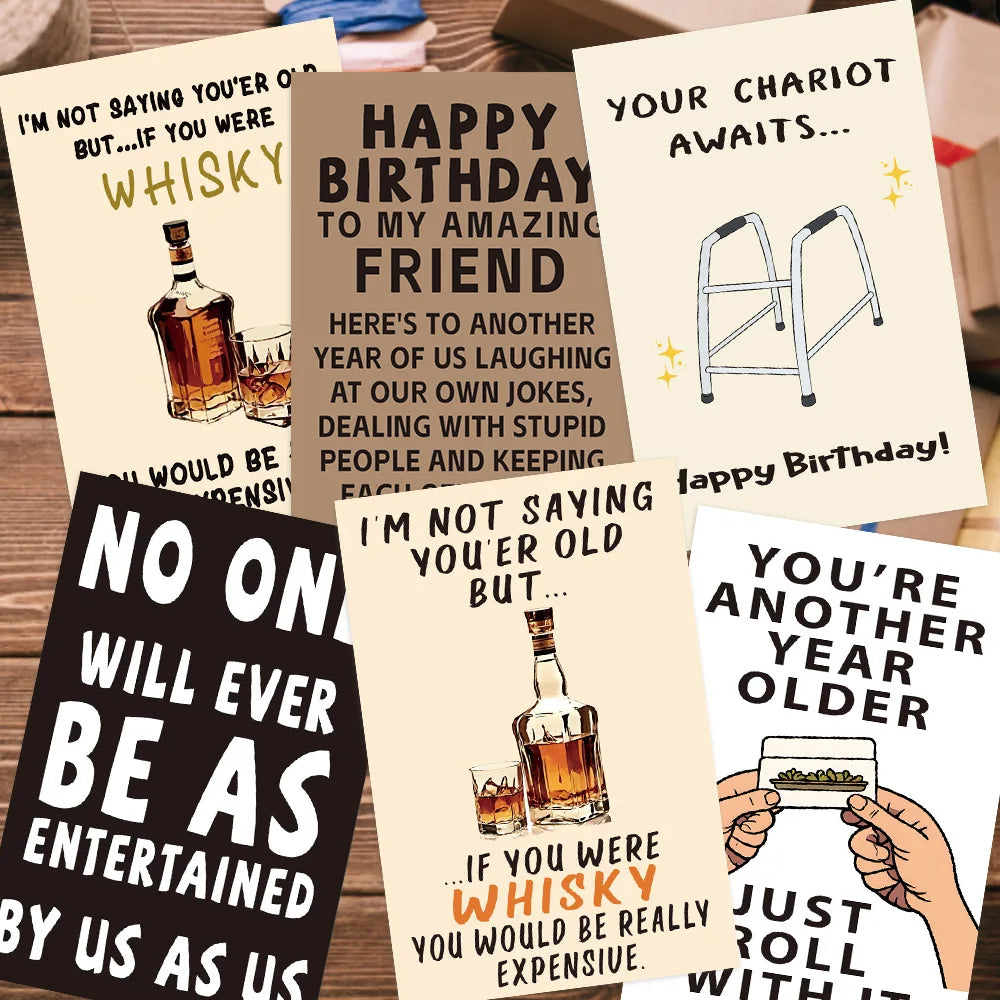 12pcs Happy Birthday Gift Cards Invitations Funny Text Greeting Congratulation Card Kids Adults Birthday Party Supplies Decor