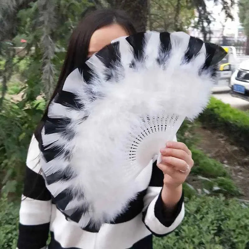 Rainbow Feather Folding Fan Stage Performance Dance Fan Lolita Feather Fan Photography Props Gifts Wedding Party Decoration