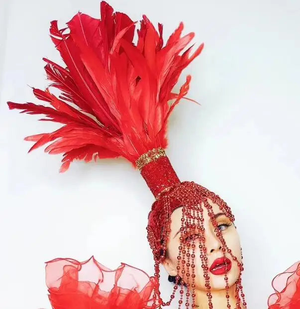 Red White Feather Beading Headgear Rhinestones Bikini Set for Nightclub Bar Leading Dance Team Model Show Performance Costume