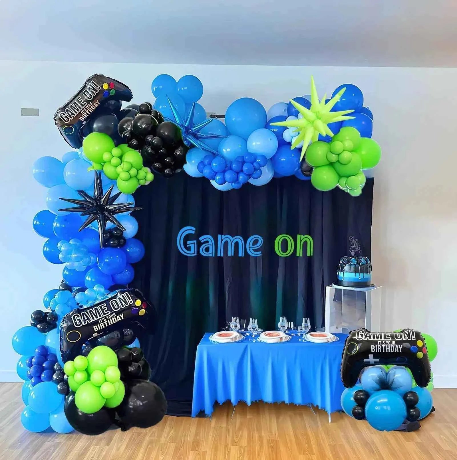 132Pieces Blue Black Green Balloon Set with Starburst Controller for Gamers Night Party Decoration Game Themed Birthday Supplies