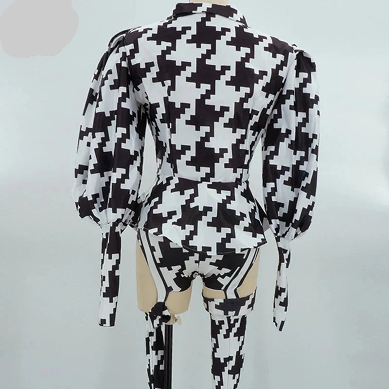 Houndstooth Geometric Print Bodysuit, Over-Knee Boots & Statement Hat 3-Piece Stage Costume Set