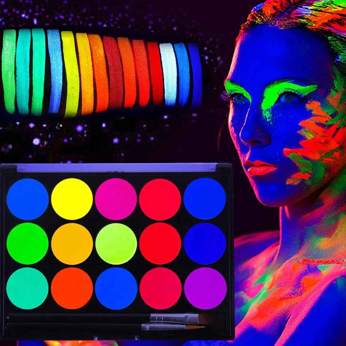 15-Color Uv Fluorescent Water-Based Face Paint Set, Body Painting, Easy to Apply, Easy to Wash Off, for Artistic Parties, Halloween, Carnival, Rainbow Role-Playing, Body Graffiti