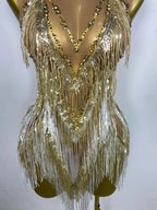 Sparkly Rhinestone & Tassel Fringe Latin Dance Mini Dress Stage Costume
