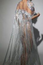 Sparkly Silver Rhinestone Sheer Cape Dress Stage Costume