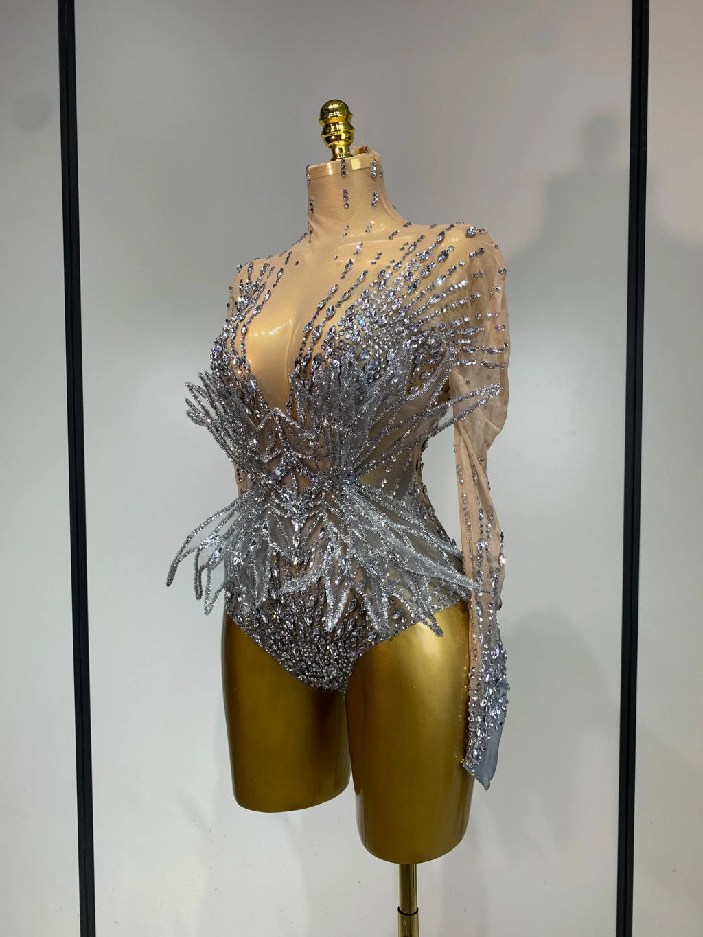Luxury Shining Diamond See-Through Mesh Bodysuit Stage Performance Jumpsuit