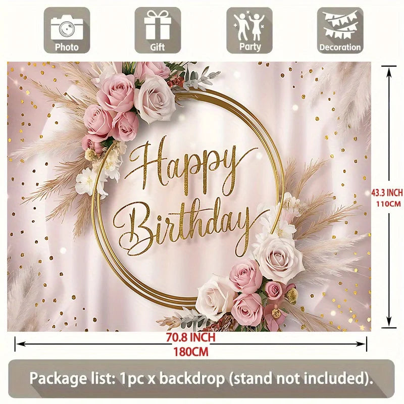 Happy Birthday Party Banner | Multi colored background with floral and gold glitter accents | Elegant Pink