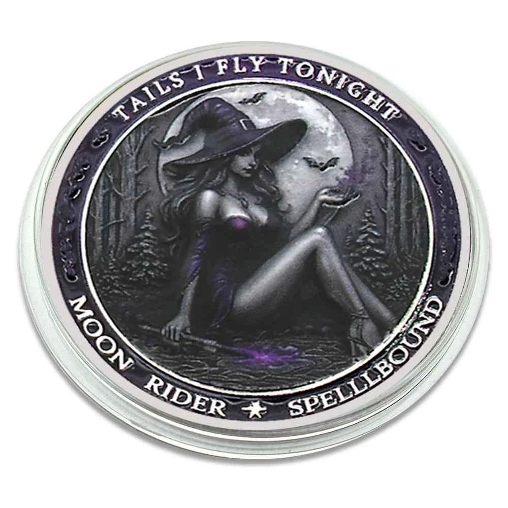 Tails I Fly Tonight" Witch Challenge Coin – Moon Rider Spellbound Collectible, 40mm Fantasy Magic Coin Gift
