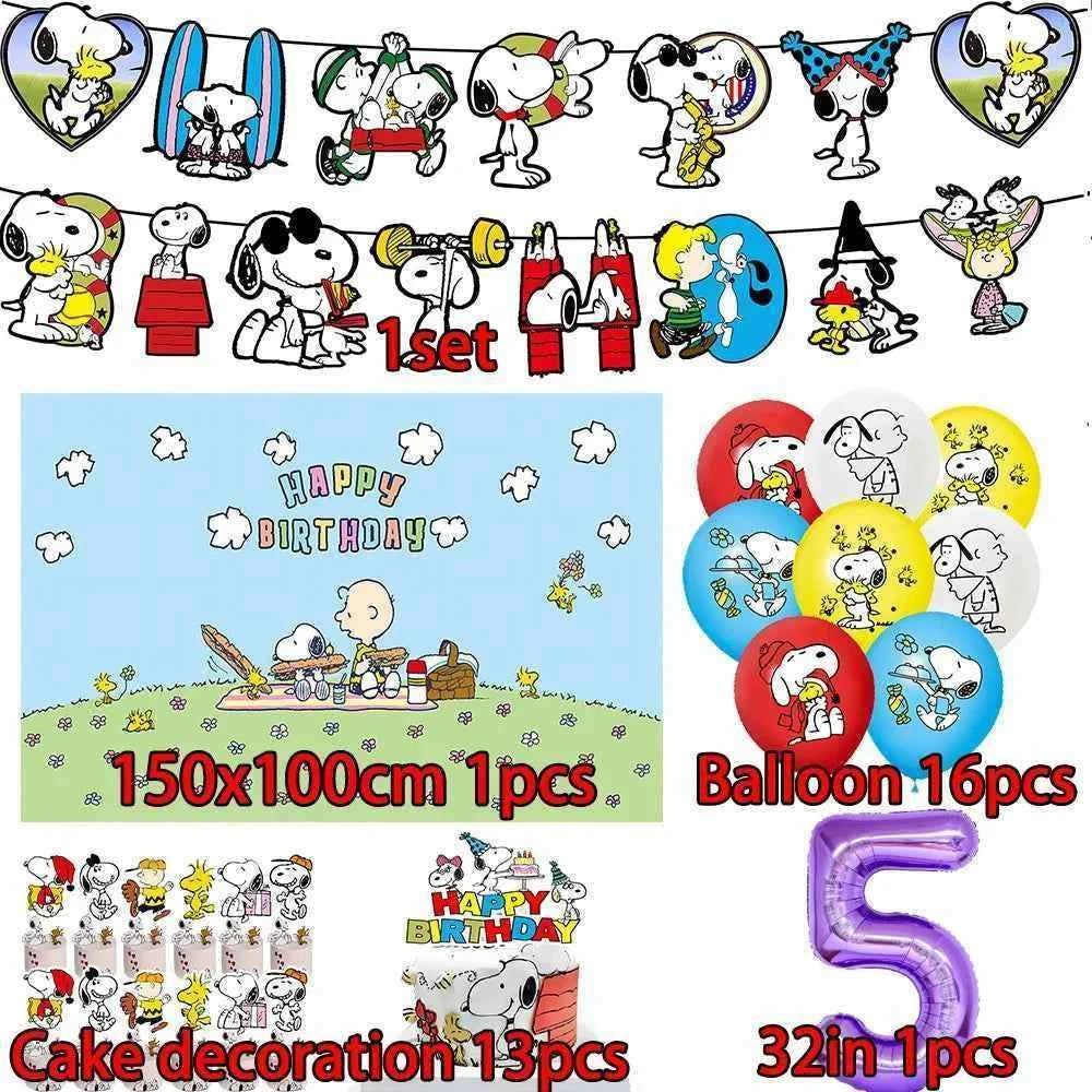 Cartoon Snoopys Birthday Decoration Set Banners Cake Toppers Balloons Backdrops Kids Birthday Gifts Baby Shower Party Supplies