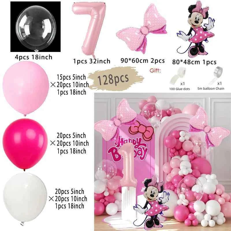 128PCS Minnie Mouse Pink Bow Aluminum Mold Balloon Garland Arch Set Girl Princess Birthday Party Baby Shower Decoration Supplies